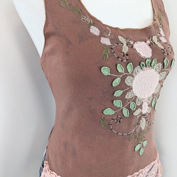 VTG 00s Y2K Alain Manoukian Tan Brown Floral Embellished Pink Lace Trim Tank Top - Picture 5 of 8